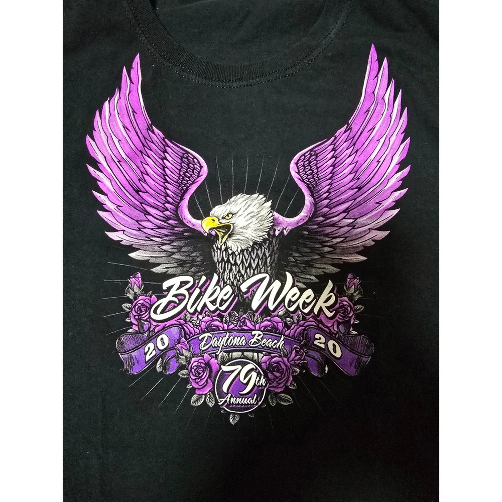 Ladies SM double sided Daytona Beach bike week t-shirt 79th year, purple graphic